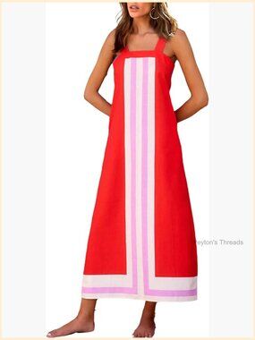 Striped Shoulder Strap Maxi Dress Summer Beach Cover Up Sleeveless A-Line